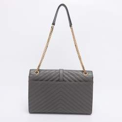 Pre Owned Saint Laurent Grey Matelasse Leather Large Monogram Envelope Shoulder Bag