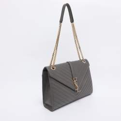 Pre Owned Saint Laurent Grey Matelasse Leather Large Monogram Envelope Shoulder Bag