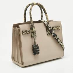 Pre Owned Saint Laurent Beige/Black Leather and Snakeskin Embossed Baby Classic Sac De Jour Tote