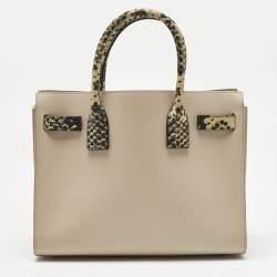 Pre Owned Saint Laurent Beige/Black Leather and Snakeskin Embossed Baby Classic Sac De Jour Tote