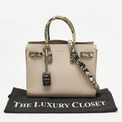 Pre Owned Saint Laurent Beige/Black Leather and Snakeskin Embossed Baby Classic Sac De Jour Tote