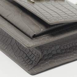Pre Owned Saint Laurent Grey Croc Embossed Leather Mini Sunset Chain Bag