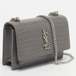 Pre Owned Saint Laurent Grey Croc Embossed Leather Mini Sunset Chain Bag