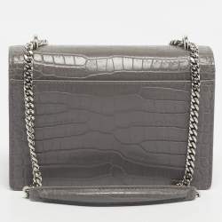 Pre Owned Saint Laurent Grey Croc Embossed Leather Mini Sunset Chain Bag