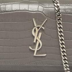 Pre Owned Saint Laurent Grey Croc Embossed Leather Mini Sunset Chain Bag