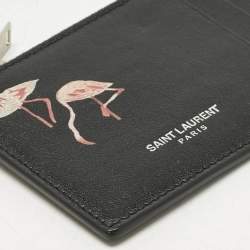 Pre Owned Saint Laurent Black Leather Flamingo 5 Fragments Zip Card Holder