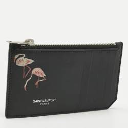 Pre Owned Saint Laurent Black Leather Flamingo 5 Fragments Zip Card Holder