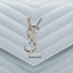 Pre Owned Saint Laurent Blue Matelassé Leather Cassandre Wallet on Chain