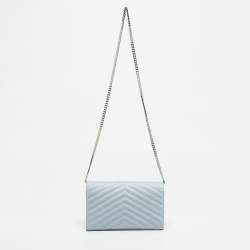 Pre Owned Saint Laurent Blue Matelassé Leather Cassandre Wallet on Chain