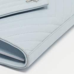 Pre Owned Saint Laurent Blue Matelassé Leather Cassandre Wallet on Chain