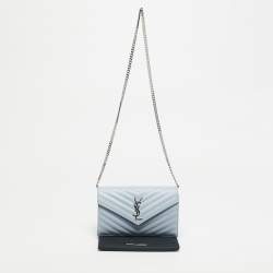 Pre Owned Saint Laurent Blue Matelassé Leather Cassandre Wallet on Chain