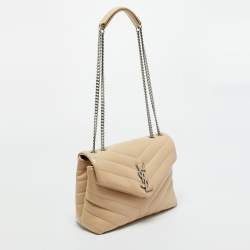 Pre Owned Saint Laurent Beige Matelassé Leather Small Loulou Shoulder Bag