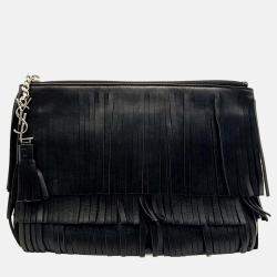 Pre Owned Saint Laurent Paris Black Leather Fringe Clutch