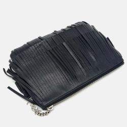Pre Owned Saint Laurent Paris Black Leather Fringe Clutch