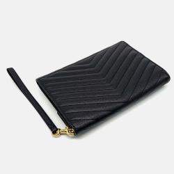 Pre Owned Saint Laurent Paris Black Leather Monogram Envelope Clutch