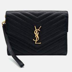 Pre Owned Saint Laurent Paris Black Leather Monogram Envelope Clutch
