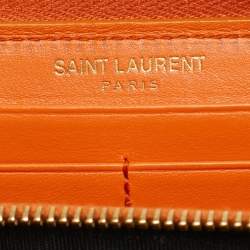 Pre Owned Saint Laurent Orange Leather Logo Zip Continental Wallet