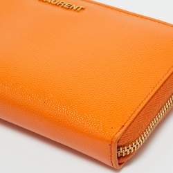 Pre Owned Saint Laurent Orange Leather Logo Zip Continental Wallet