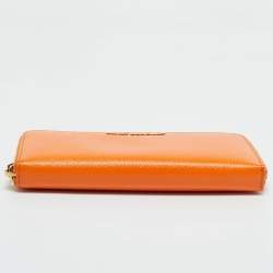 Pre Owned Saint Laurent Orange Leather Logo Zip Continental Wallet