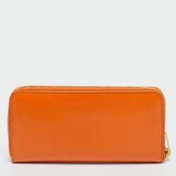 Pre Owned Saint Laurent Orange Leather Logo Zip Continental Wallet