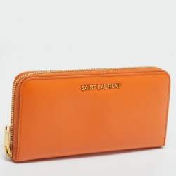 Pre Owned Saint Laurent Orange Leather Logo Zip Continental Wallet