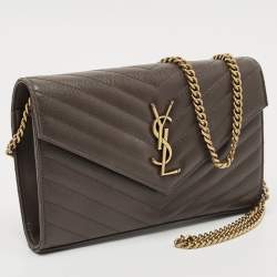Pre Owned Saint Laurent Olive Green Matelassé Leather Cassandre Wallet on Chain