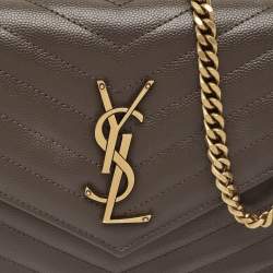 Pre Owned Saint Laurent Olive Green Matelassé Leather Cassandre Wallet on Chain