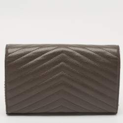 Pre Owned Saint Laurent Olive Green Matelassé Leather Cassandre Wallet on Chain