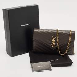 Pre Owned Saint Laurent Olive Green Matelassé Leather Cassandre Wallet on Chain