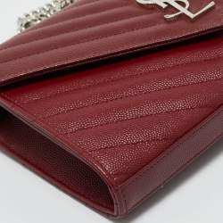 Pre Owned Saint Laurent Red Matelassé Leather Cassandre Envelope Wallet on Chain