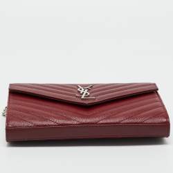 Pre Owned Saint Laurent Red Matelassé Leather Cassandre Envelope Wallet on Chain