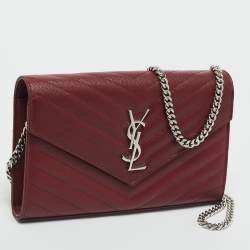 Pre Owned Saint Laurent Red Matelassé Leather Cassandre Envelope Wallet on Chain