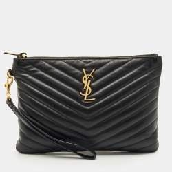 Pre Owned Saint Laurent Black Matelassé Leather New Jolie Wristlet Pouch