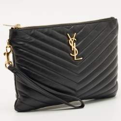 Pre Owned Saint Laurent Black Matelassé Leather New Jolie Wristlet Pouch