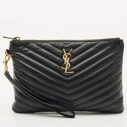 Pre Owned Saint Laurent Black Matelassé Leather New Jolie Wristlet Pouch