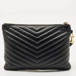 Pre Owned Saint Laurent Black Matelassé Leather New Jolie Wristlet Pouch