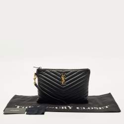 Pre Owned Saint Laurent Black Matelassé Leather New Jolie Wristlet Pouch