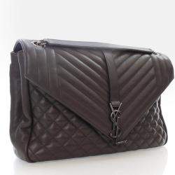 Pre Owned Saint Laurent Large Grey Calfskin Triquilt Envelope Shoulder Bag