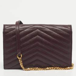Pre Owned Saint Laurent Burgundy Matelassé Leather Monogram Envelope Wallet on Chain