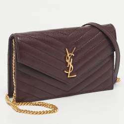 Pre Owned Saint Laurent Burgundy Matelassé Leather Monogram Envelope Wallet on Chain