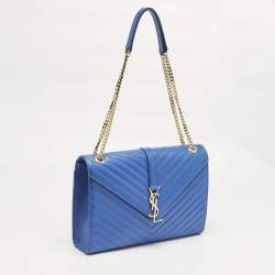 Pre Owned Saint Laurent Blue Chevron Leather Large Monogram Envelope Shoulder Bag