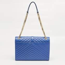 Pre Owned Saint Laurent Blue Chevron Leather Large Monogram Envelope Shoulder Bag