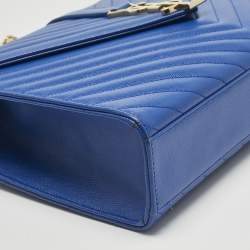 Pre Owned Saint Laurent Blue Chevron Leather Large Monogram Envelope Shoulder Bag
