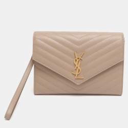 Pre Owned Saint Laurent Beige Chevron Leather Monogram Envelope Wristlet Clutch