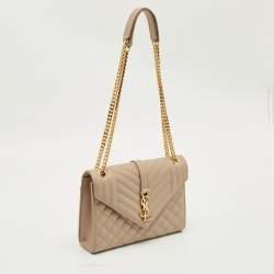 Pre Owned Saint Laurent Beige Mix Matelassé Leather Medium Envelope Chain Bag