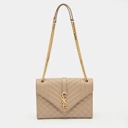 Pre Owned Saint Laurent Beige Mix Matelassé Leather Medium Envelope Chain Bag