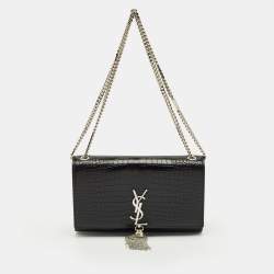Pre Owned Saint Laurent Black Croc Embossed Leather Medium Kate Tassel Shoulder Bag