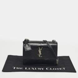 Pre Owned Saint Laurent Black Croc Embossed Leather Medium Sunset Shoulder Bag