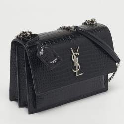 Pre Owned Saint Laurent Black Croc Embossed Leather Medium Sunset Shoulder Bag