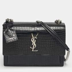 Pre Owned Saint Laurent Black Croc Embossed Leather Medium Sunset Shoulder Bag
